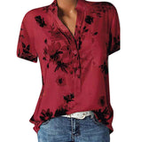 Camisa de mujer con estampado. Blusa de manga corta con cuello en V.