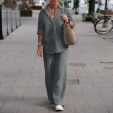 jf23  Women's Cotton Linen Suit Fashion Elegant Long Sleeve Shirt Loose Pants 2 Piece Sets New Simple Streetwear Ladies Casual Outfits