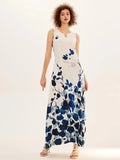 jf23  New Spring/Summer Casual Sleeveless Long Dress Women's V-Neck Printed Dresses Swing Bohemian Retro Dresses  A-LINE