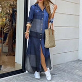 jf23 Spring And Autumn Women's Fashion Checker Print Long Shirt Dress Casual Polo Neck Long Sleeve Loose Single Breasted Pocket Dress