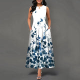 jf23 New Spring/Summer Casual Sleeveless Long Dress Women's V-Neck Printed Dresses Swing Bohemian Retro Dresses  A-LINE