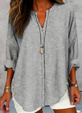 plus Size Women's V-Neck Striped Long Sleeve Button Shirt Casual Classic Fit Office Workwear