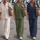 jf23  Women's Cotton Linen Suit Fashion Elegant Long Sleeve Shirt Loose Pants 2 Piece Sets New Simple Streetwear Ladies Casual Outfits