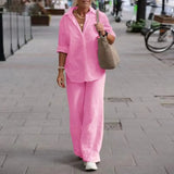 jf23  Women's Cotton Linen Suit Fashion Elegant Long Sleeve Shirt Loose Pants 2 Piece Sets New Simple Streetwear Ladies Casual Outfits