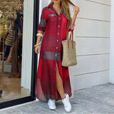 jf23 Spring And Autumn Women's Fashion Checker Print Long Shirt Dress Casual Polo Neck Long Sleeve Loose Single Breasted Pocket Dress