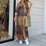 jf23 Spring And Autumn Women's Fashion Checker Print Long Shirt Dress Casual Polo Neck Long Sleeve Loose Single Breasted Pocket Dress