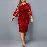 jf23  Elegant Sequin Plus Size 4XL 5XL Women Midi Dress Sexy Casual Evening Party Dresses Gown Wedding Luxury Robe Rouge Vestidos