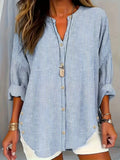 plus Size Women's V-Neck Striped Long Sleeve Button Shirt Casual Classic Fit Office Workwear