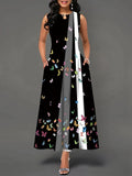 jf23 New Spring/Summer Casual Sleeveless Long Dress Women's V-Neck Printed Dresses Swing Bohemian Retro Dresses  A-LINE