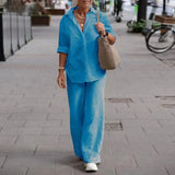 jf23  Women's Cotton Linen Suit Fashion Elegant Long Sleeve Shirt Loose Pants 2 Piece Sets New Simple Streetwear Ladies Casual Outfits