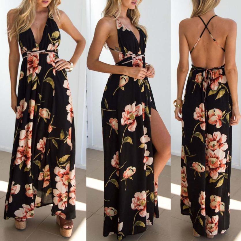 Vestido Largo Negro Estampado Elegante Verano Floral Mujer Sexy Dama F – Te  Quiero Fashion