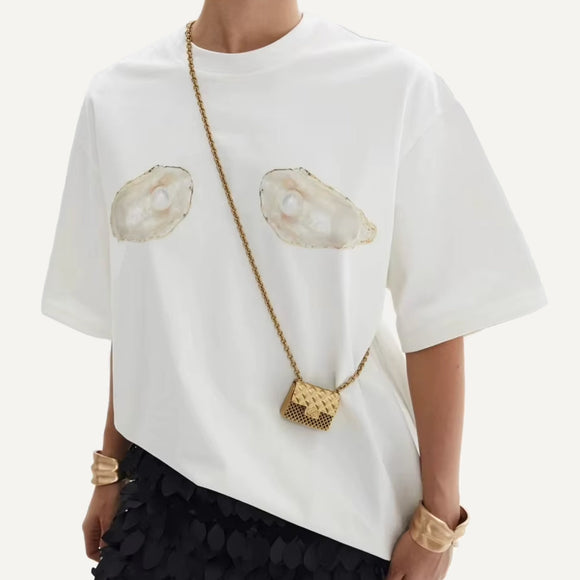 Camiseta Oversize Estampado Ostras con Perlas