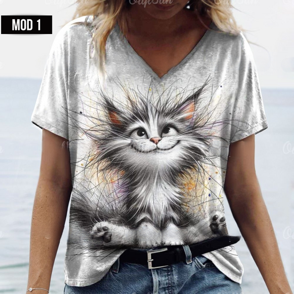(sólo 50 en Promo!) Camiseta Remera en V Gatos Cat Women's