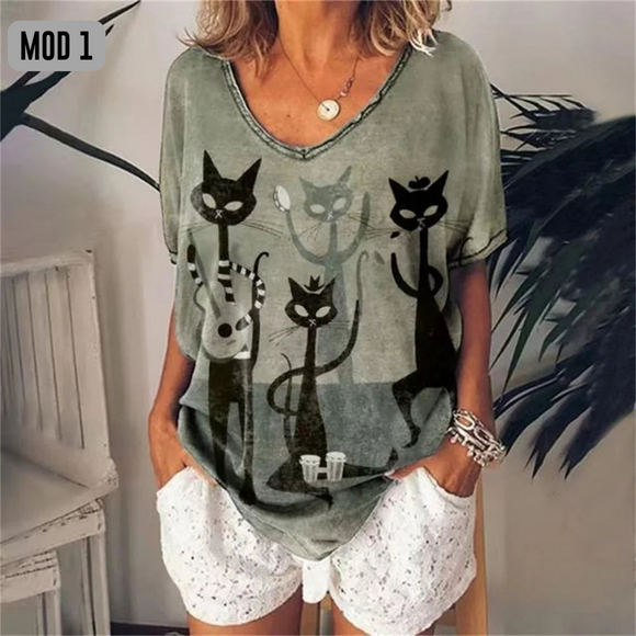 (sólo 50 en Promo!) Camiseta Remera en V Gatos Cartoon Cat Women's