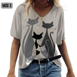 (sólo 50 en Promo!) Camiseta Remera en V Gatos Cartoon Cat Women's