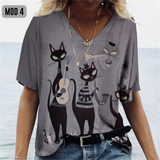 (sólo 50 en Promo!) Camiseta Remera en V Gatos Cartoon Cat Women's