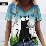 (sólo 50 en Promo!) Camiseta Remera en V Gatos Cat Women's
