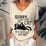 (sólo 50 en Promo!) Camiseta Remera en V Gatos Cartoon Cat Women's