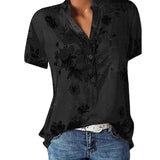 Camisa de mujer con estampado. Blusa de manga corta con cuello en V.