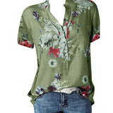 Camisa de mujer con estampado. Blusa de manga corta con cuello en V.