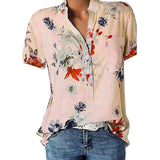 Camisa de mujer con estampado. Blusa de manga corta con cuello en V.