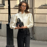 Blusa Satinada Vintage Mujer Manga Larga Estilo Oficina