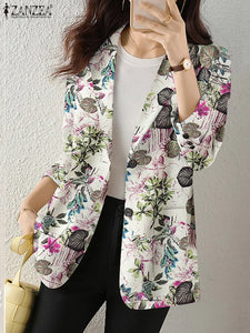 Blazer para mujer, abrigos con estampado retro, ropa de abrigo informal de manga larga con flores