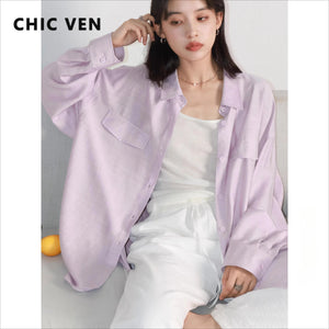 CHIC VEN Women Shirts Solid Single Breasted Long Sleeves Loose Slightly Wrinkled Coat Thin Female Blouses Spring Summer 2025