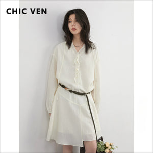 CHIC VEN Women Dresses Loose Casual V-neck Ruffled Long Sleeve Female Long Dress Design A-line Spring Summer 2025