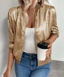 Campera Bomber Mujer Brillo con Cierre Liviana Manga Larga