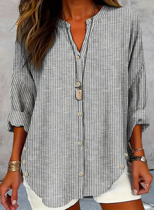 plus Size Women's V-Neck Striped Long Sleeve Button Shirt Casual Classic Fit Office Workwear