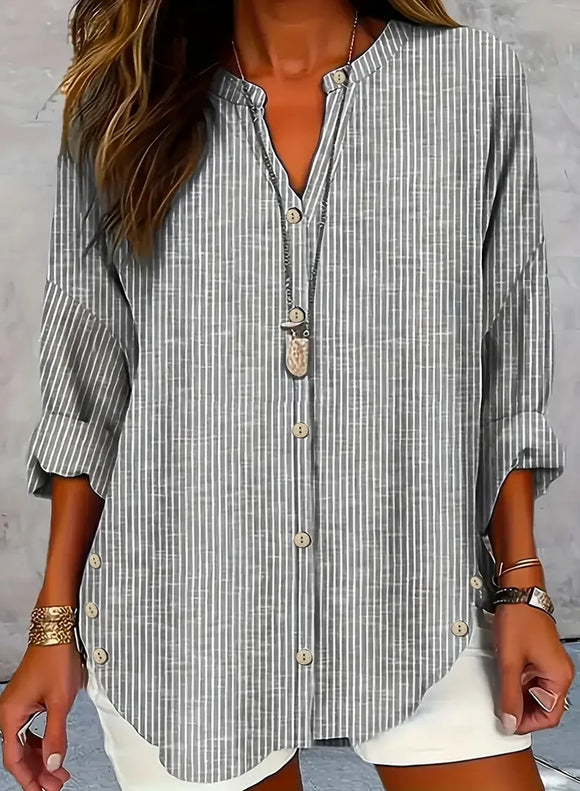 plus Size Women's V-Neck Striped Long Sleeve Button Shirt Casual Classic Fit Office Workwear