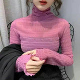 Blusa transparente de encaje para mujer, 6 colores de malla elástica.