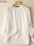 ZANZEA 2025 Spring Summer Blouses Casual Women Shirts Solid Color 3/4 Sleeve Buttons Cotton Linen Blusas Solid Top Casual Tunic