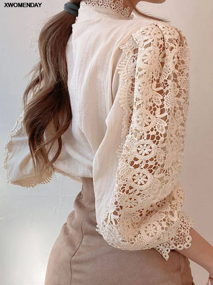 Women Chiffon Button Turtleneck Shirt Chic Elegant Floral Lace