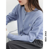 CHIC VEN Women T-Shirts New Multi Color Option Simple Solid Rabbit Embroidery Knitted Cardigan Sweater Autumn Spring 2025