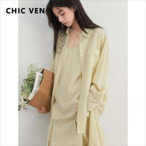 CHIC VEN Women Dress Sets Stripe Shirt Loose Casual Long Sleeve Sunscreen Blouses Camisole V-neck Dresses Spring Autumn 2025