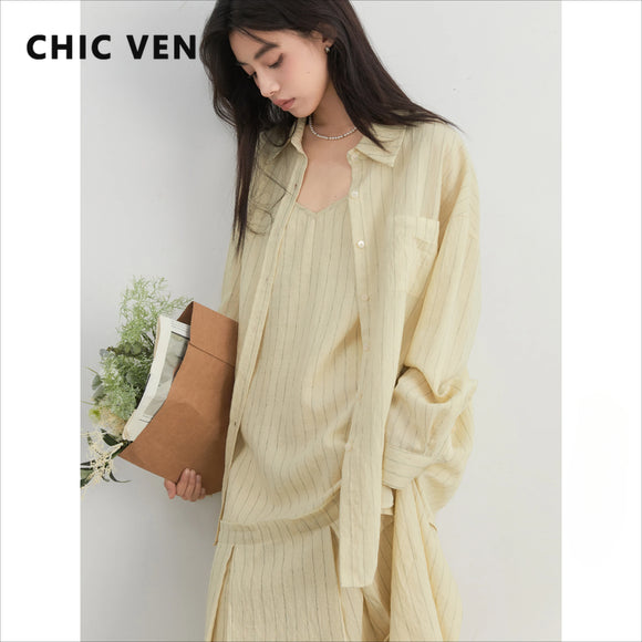 CHIC VEN Women Dress Sets Stripe Shirt Loose Casual Long Sleeve Sunscreen Blouses Camisole V-neck Dresses Spring Autumn 2025
