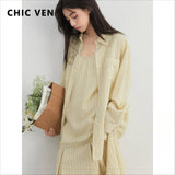 CHIC VEN Women Dress Sets Stripe Shirt Loose Casual Long Sleeve Sunscreen Blouses Camisole V-neck Dresses Spring Autumn 2025