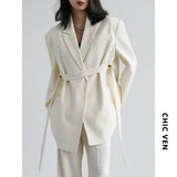 CHIC VEN Women Blazer Design Wide Shoulder Ribbon Solid Women's Medium Long Coat Office Lady Female Overcoat Spring Autumn 2022