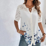 Camisa elegante para mujer. Blusa de manga de encaje corta