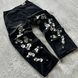 Y2K pants men Baggy Harajuku cherry blossom print pattern jeans Hip Hop streetwear men women gothic Casual wide leg Denim Pants