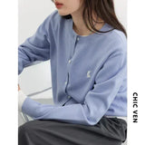 CHIC VEN Women T-Shirts New Multi Color Option Simple Solid Rabbit Embroidery Knitted Cardigan Sweater Autumn Spring 2025