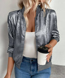 Campera Bomber Mujer Brillo con Cierre Liviana Manga Larga