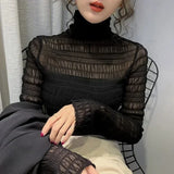 Blusa transparente de encaje para mujer, 6 colores de malla elástica.