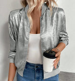 Campera Bomber Mujer Brillo con Cierre Liviana Manga Larga