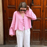 Camisas de algodón y lino con lazo y cordones para mujer. Blusa holgada con cuello en V y manga larga para mujer.