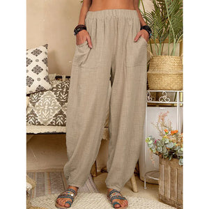 Pantalones de lino y algodón estilo bohemio vintage para mujer. Pantalones holgados de cintura alta informales para mujer