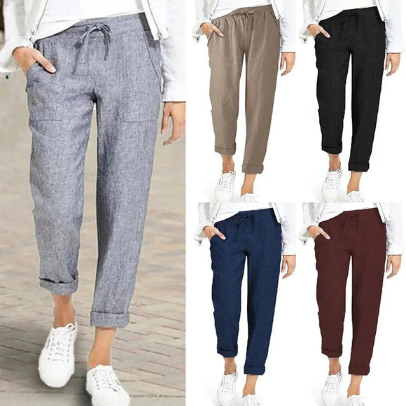 Pantalones casuales de lino y algodón para mujer. Pantalón elásticos de cintura alta con bolsillos.