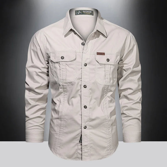 Camisas multibolsillos de algodón de manga larga para hombre
